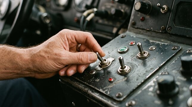 Close up of a man's hand operating a vintage control panel with toggle switches and buttons