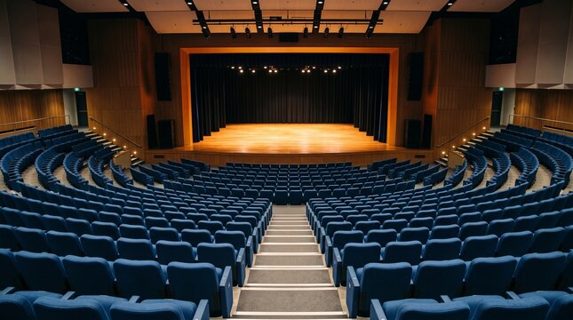 Modern Auditorium With Blue Seats And Stage Ready For Performance
