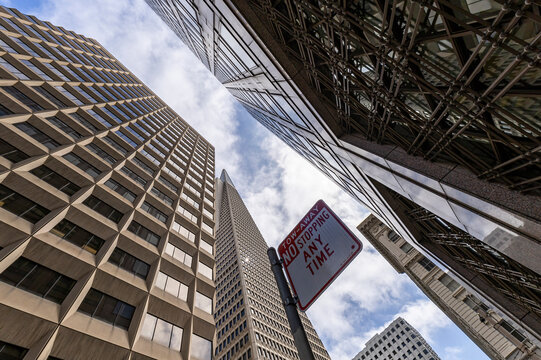 Downtown San Francisco skyscrapers with no stopping sign