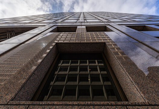 Low-angle view of modern office tower in San Francisco
