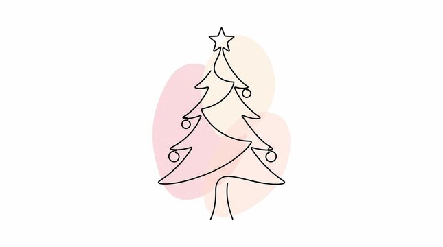 Minimalist continuous line art drawing of a Christmas tree with a star on top, modern festive outline illustration on white background