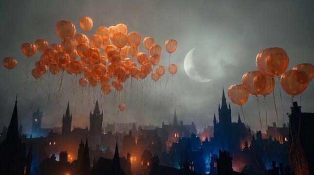 Orange balloons floating above city skyline at dusk