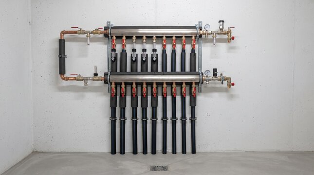 Industrial underfloor heating manifold with copper pipes, professional hydronic heating system installation, modern boiler room plumbing equipment