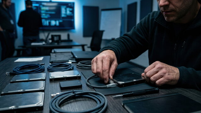 Secure office workshop for post-quantum migration with an engineer examining hard drives, a hardware token, and braided network cables on a conference table.