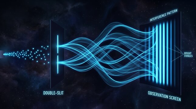 Quantum physics double slit experiment interference pattern visualization.