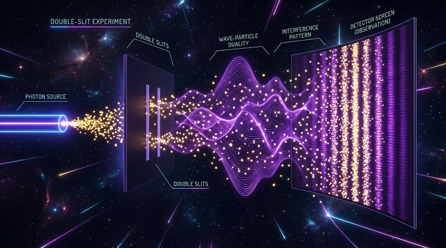 Quantum physics double slit experiment wave particle duality diagram.