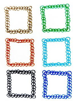 Six hand drawn square frames made of repeating looped chains in vibrant green, blue, orange, brown and black. Playful decorative borders for scrapbooking, invitations, posters and other graphic design