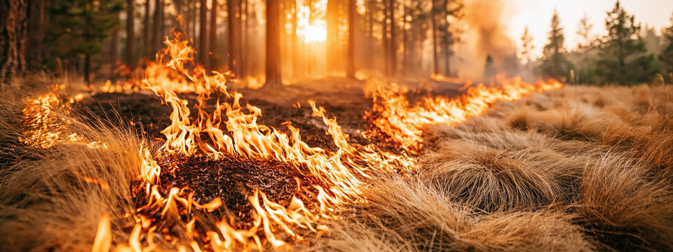 Wildfire Spreading Across Dry Grass Near Forest
