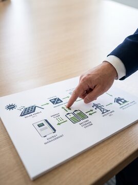 A business professional points at a printed system diagram with connected icons representing workflow, automation, and organizational processes.