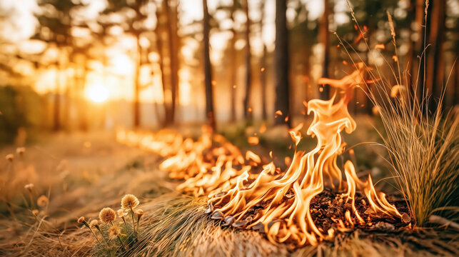 Wildfire Spreading Across Dry Grass Near Forest