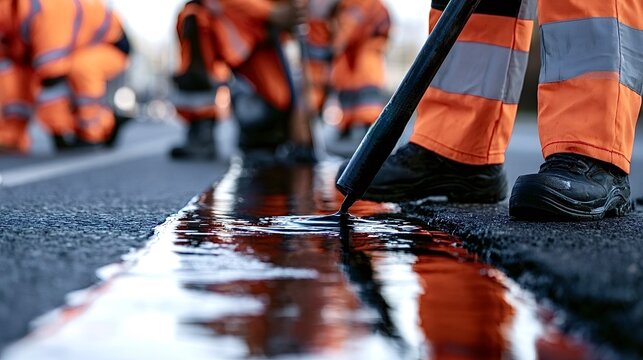 Construction worker applying hot bitumen sealant to fill cracks and repair damaged asphalt on a road, ensuring infrastructure longevity and safety