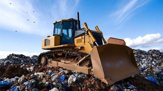 Heavy yellow bulldozer working at a municipal solid waste landfill site, pushing and compacting garbage under a blue sky with birds flying