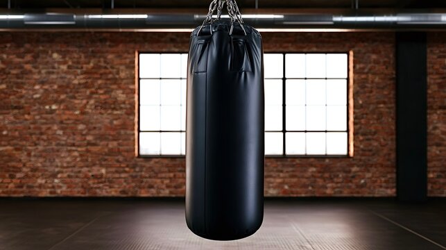 Black leather punching bag centered in a boxing studio with a dark floor, exposed brick wall, large industrial windows, and overhead ventilation ducts, conveying fitness and training