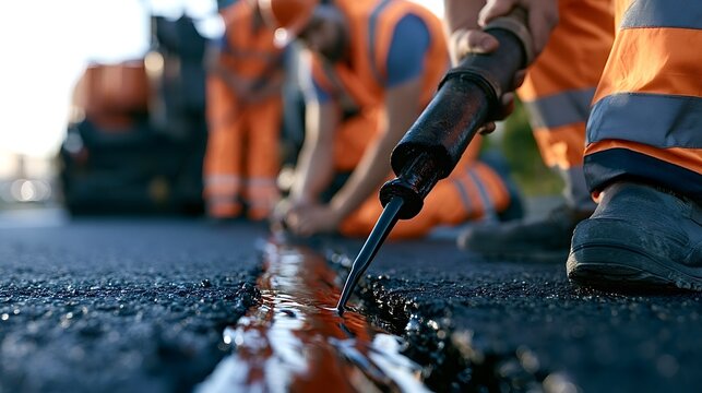 Construction worker applying hot bitumen sealant to a crack in fresh asphalt pavement, performing road maintenance and repair work on an infrastructure project