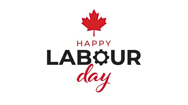 Happy labour day greeting card design featuring a canadian maple leaf and industrial gear typography