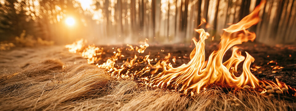Wildfire Spreading Across Dry Grass Near Forest