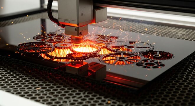 Laser engraving machine cutting intricate patterns into metal with intense orange glowing sparks