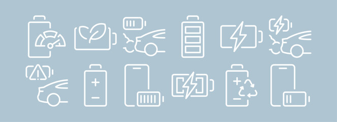 Fototapeta premium Car battery icons, collision damage warnings, plus terminal indicators, phone battery symbols, recycling arrows, warranty guarantee marks, automotive service elements, maintenance diagnostic set.