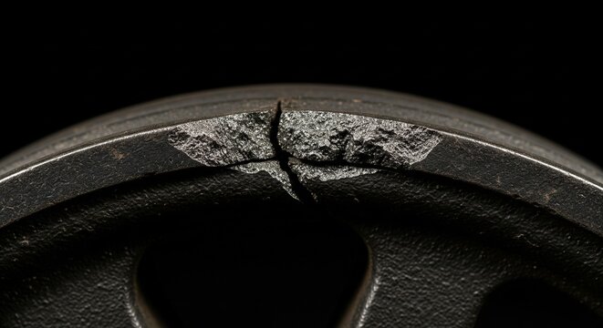 Close-up macro view of a cracked metal mechanical part on a dark background showing material fatigue damage