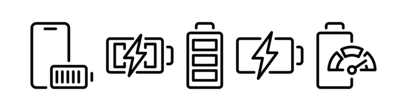 Car battery icon set, automotive charging symbols, phone battery indicators, service and maintenance elements flat vector illustration isolated on white background.

