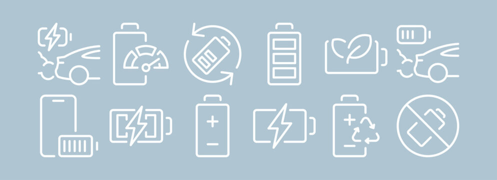 Car battery icons, collision damage symbols, charging bolt indicators, plus minus terminal marks, recycling arrows, no return warranty signs, automotive maintenance elements, service diagnostic set.