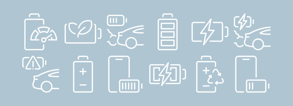 Car battery icons, collision damage warnings, plus terminal indicators, phone battery symbols, recycling arrows, warranty guarantee marks, automotive service elements, maintenance diagnostic set.