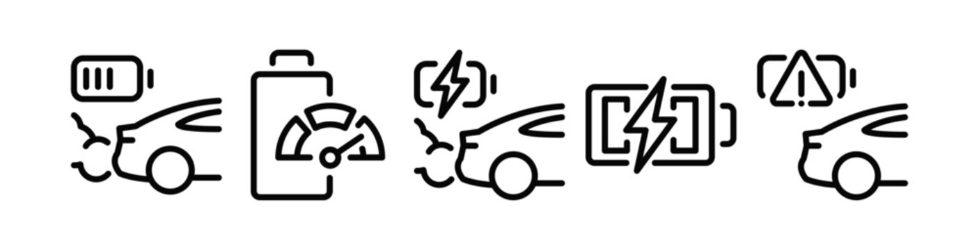 Car battery icon set, automotive exhaust emission symbols, vehicle collision damage indicators, service and maintenance elements flat vector illustration isolated on white background.
