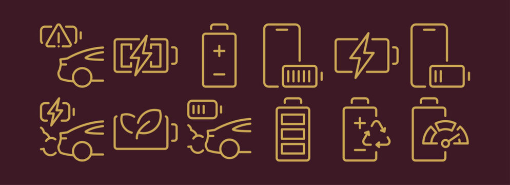 Car battery shapes and symbols set, different automotive damage icons, charging indicators, vehicle maintenance service diagnostic elements flat vector illustrations.