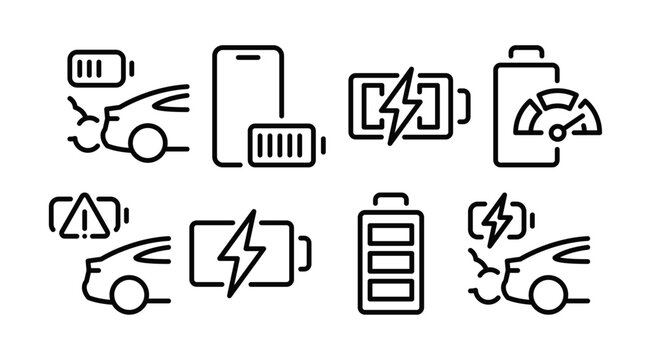Car battery icons set, phone battery indicator, charging bolt with speedometer gauge, automotive diagnostic symbols, service and maintenance elements flat vector illustrations.