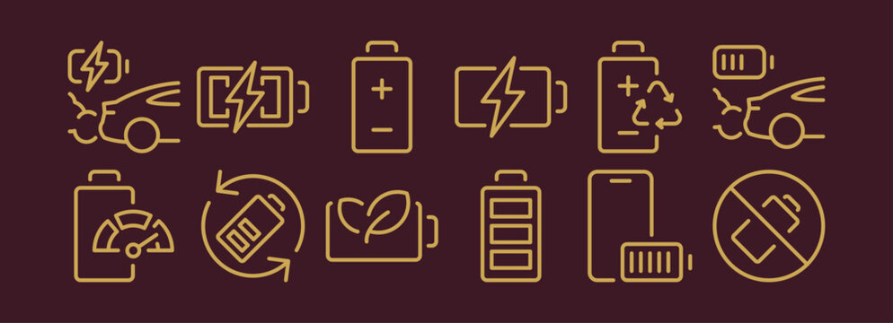 Car battery shapes and symbols set, different automotive charging icons, golden terminal marks, recycling arrows, vehicle maintenance service diagnostic elements isolated flat vector illustration.