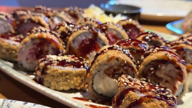 Assorted fried sushi rolls with white pickled ginger on restaurant table, Japanese cuisine platter presented for sharing and gourmet dining experience