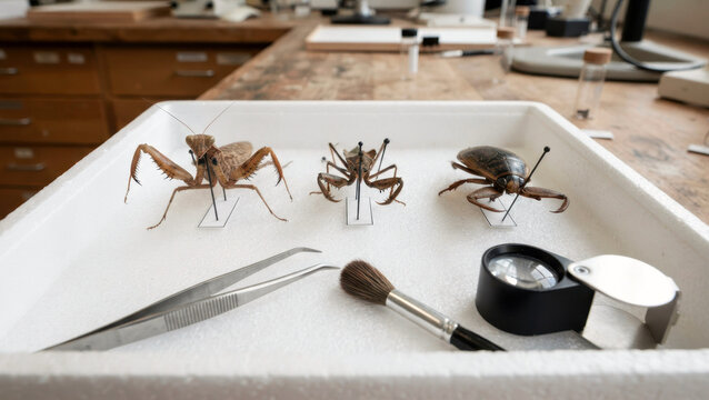Entomology specimen tray with preserved predatory insects, tweezers, brush, and magnifying loupe for morphology study