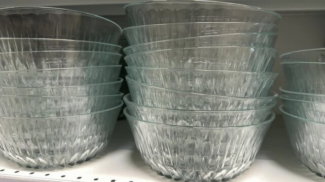 Rows of transparent glass dinnerware are neatly arranged for sale, offering practical tableware for everyday meals, home kitchens and modern table decoration. Close up.