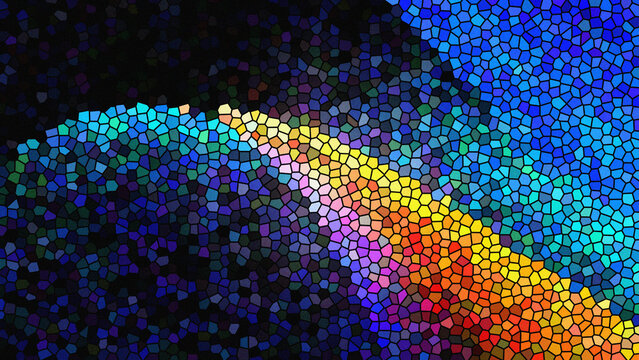 Abstract mosaic pattern with vibrant rainbow colors curving through north america sky.