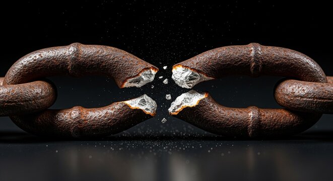 A heavy metal chain ring snapped into pieces with tiny flying debris on a black background