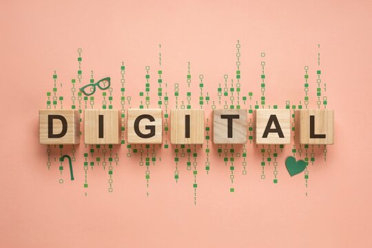 Digital word on wooden blocks over abstract binary code background digital technology concept