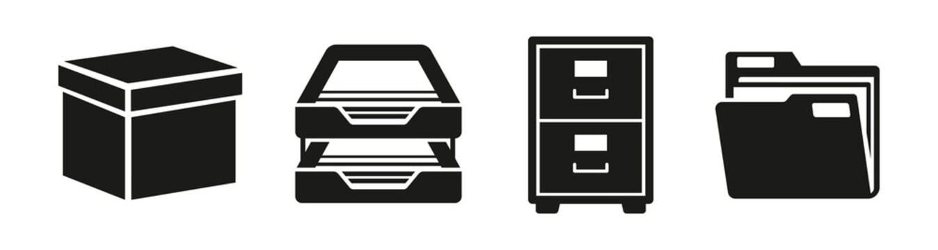 Set of black office supply icons including storage box paper tray filing cabinet and document folder
