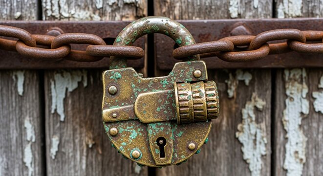 Close-up of an old rusted combination padlock locking a heavy iron chain on wood.