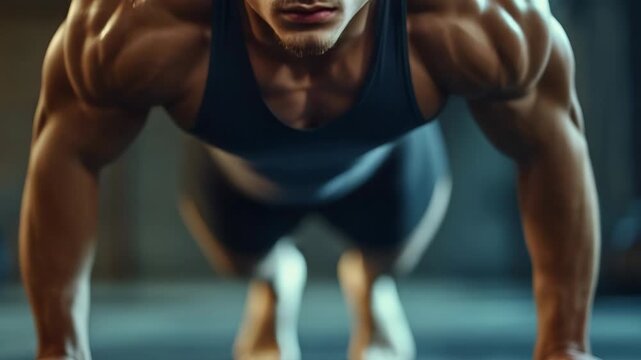 Muscular man performs push-up in dimly lit gym. Focused expression, defined arms and shoulders. Gym lights cast dramatic shadows on his body. Steady, intense posture shows physical strength
