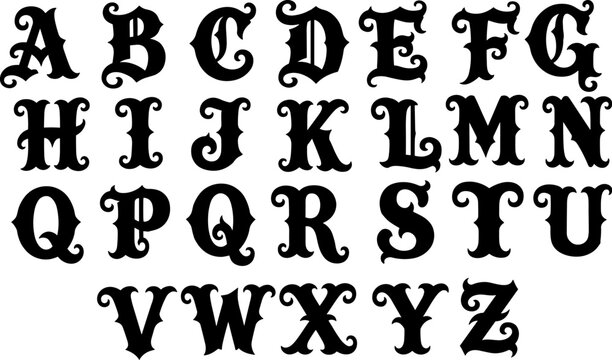 Gothic scroll font alphabet in black over white