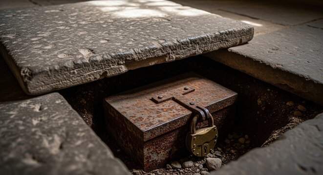 Rusty metal chest with a padlock hidden under a stone floor panel.