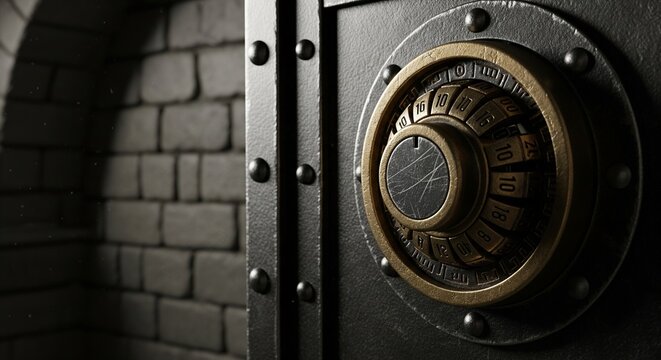 Close-up shot of a combination dial lock attached to a heavy metal safe door with brick wall background
