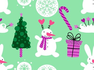 Fototapeta premium Christmas cartoon ice seamless snowman pattern for wrapping paper and fabrics