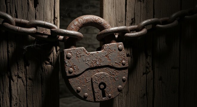 Old rusty padlock locking heavy iron chains on a rustic wooden door close-up.