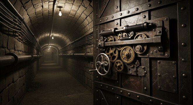 Dark underground stone tunnel with a massive mechanical metal vault door with steering wheel handle
