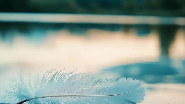 A close-up shot featuring a single white feather gently drifting along the top of still water with a blurred background of a serene landscape and sky.
