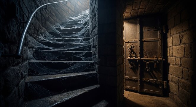 Dark underground stone staircase leading down to a closed heavy wooden door in a medieval dungeon