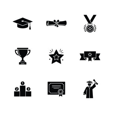 Graduation Ceremony Academic Achievement Education and Victory Award Icons Set