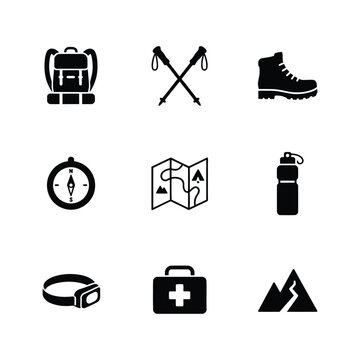 Outdoor Hiking Trail Camping Gear Wilderness Trekking and Navigation Icons Set