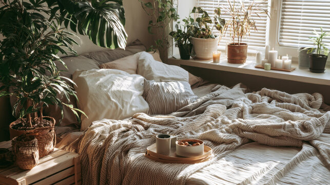 A warm bedroom features a large bed with soft pillows and a light blanket. Plants sit on the windowsill, and a tray holds snacks and drinks on the bed. Sunlight enters the room